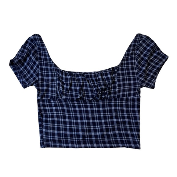 y2k navy blue & white plaid gingham milkmaid crop top - Picture 3 of 8